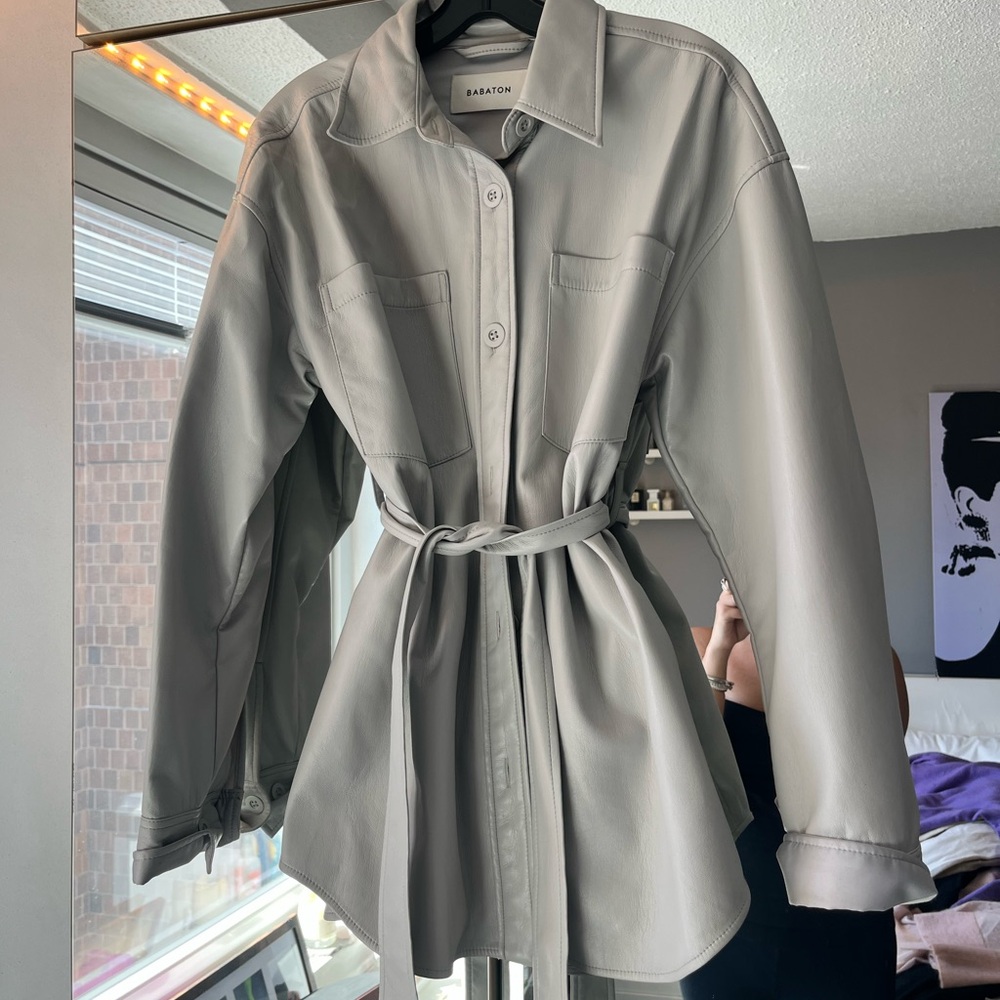 Aritzia Babaton Ice Blue Vegan Leather Belted Shirt Jacket